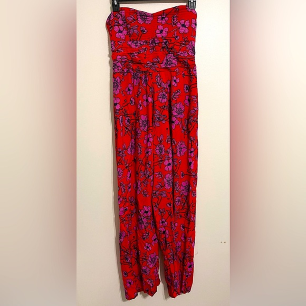 B.O.G Red & Purple Floral Print Strapless Jumpsuit | Size Large‎